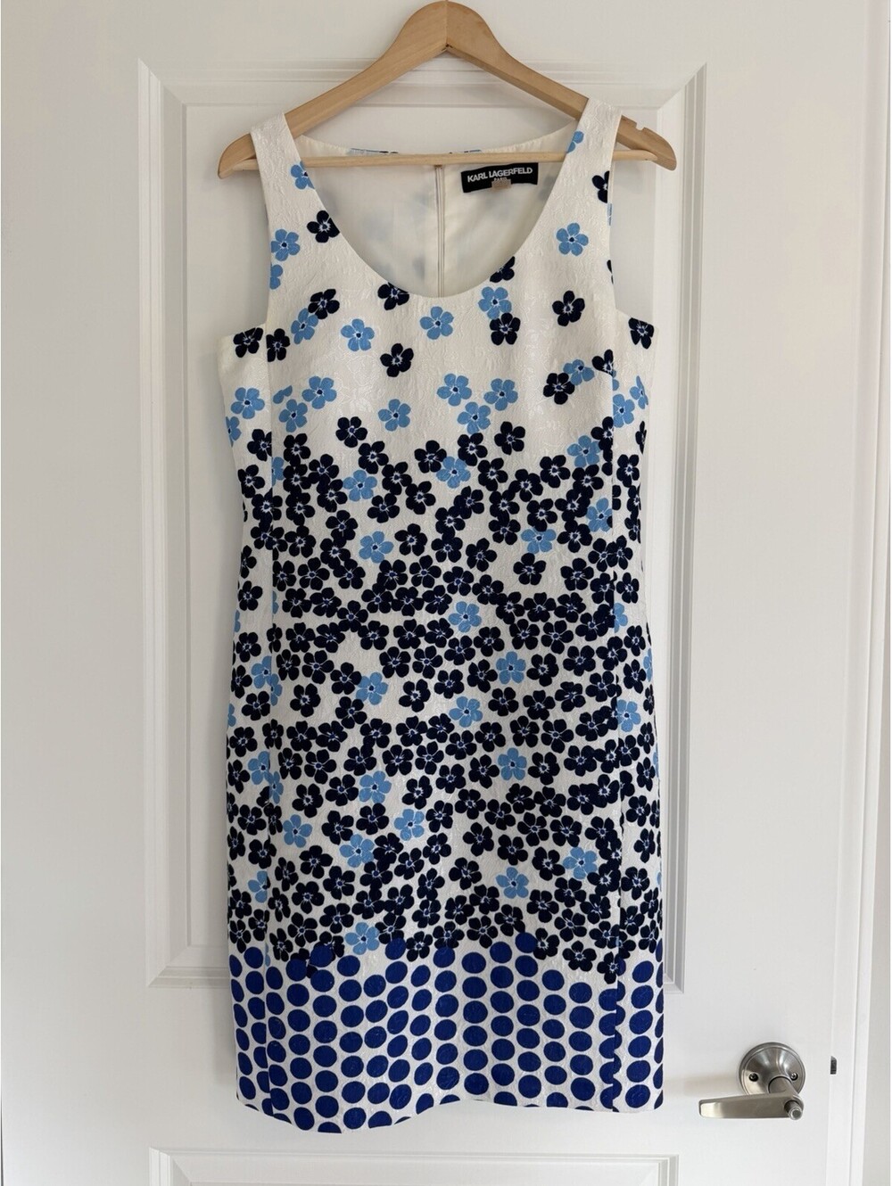 Karl Lagerfeld Paris Size 6 White Blue Floral Polka Dot Sheath Dress Chic French